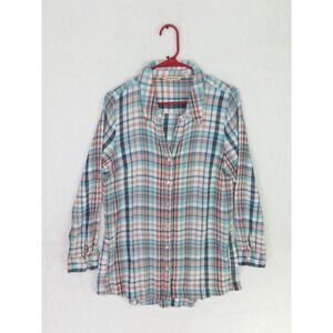 Women's Soft Surroundings Emerson Plaid Tunic Shirt Roll Tab Sleeves Top Size M